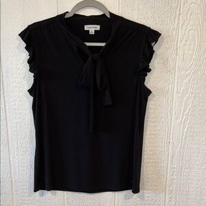 Calvin Klein Solid Black Blouse Tie Neck Ruffle Sleeves